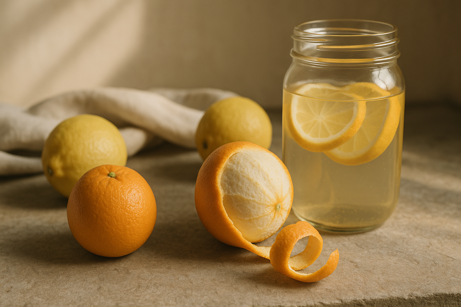 Whole citrus fruits with curled peel and glass jar of citrus water in sunlight