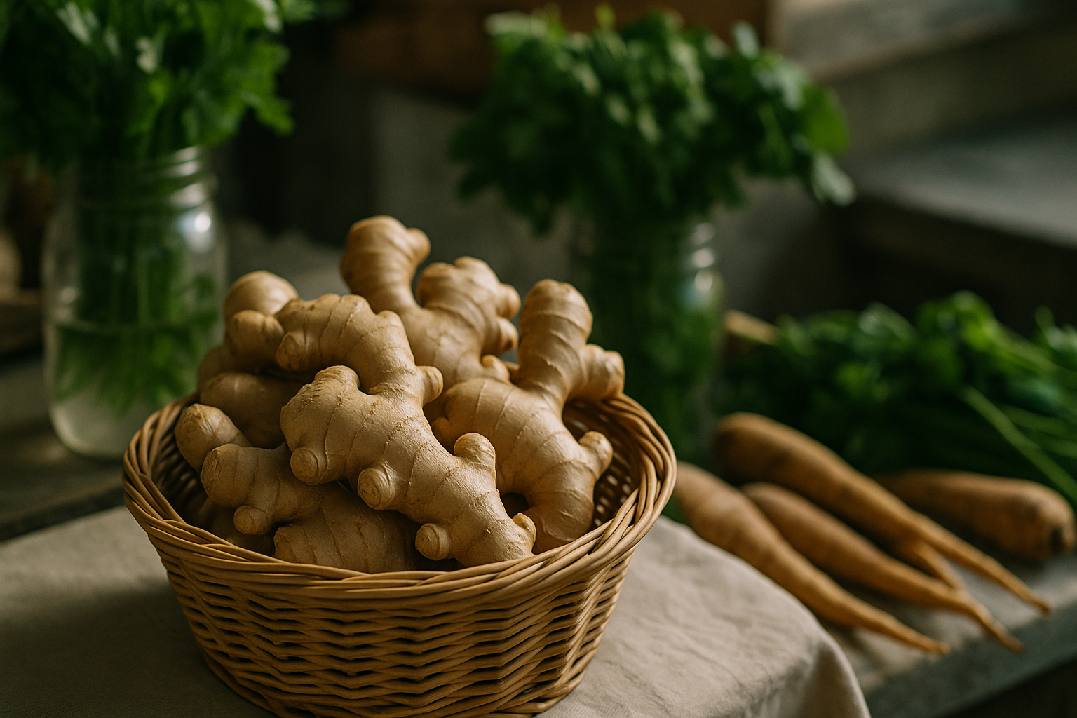 Fresh ginger roots in woven basket at farmer market stand in natural sunlight