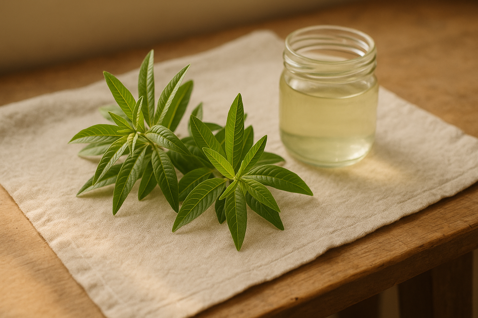 Fresh lemon verbena sprigs with bright green leaves and herbal water