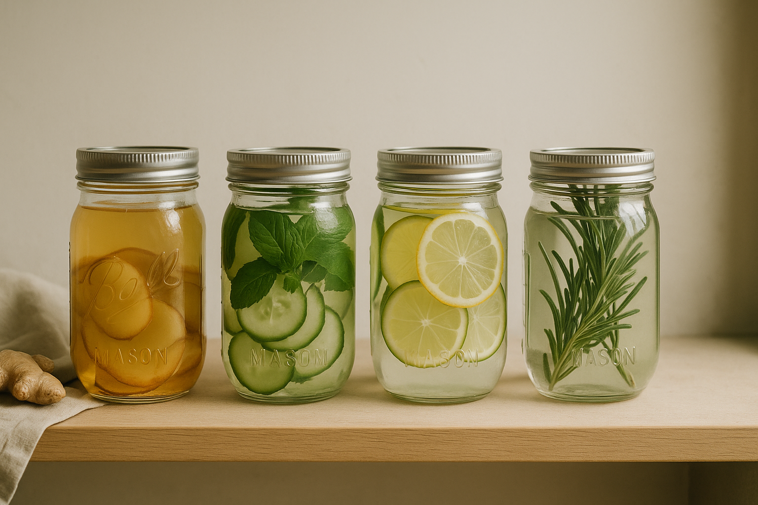 Multiple glass mason jars of infused waters lined up on clean wooden shelf